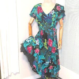 Vintage 80s Hawaiian Floral Dress Teal Pink Luau Party Hawaii Hibiscus SZ M